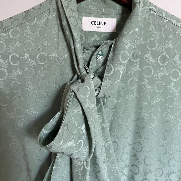 CELINE Silk Jacquard Tie Front Bow Blouse in Mint Size 34 - Picture 2 of 6